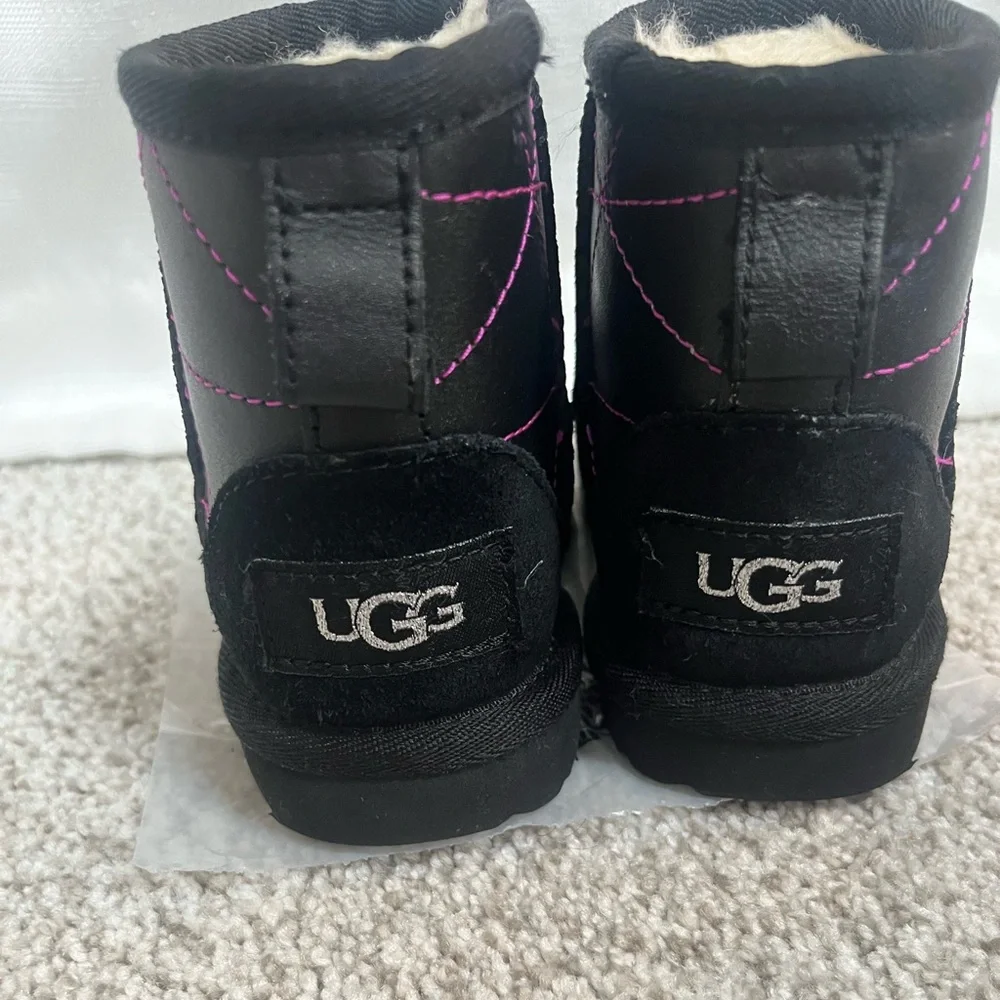 UGG Classic Mini Black Leather Boots with Pink Accents